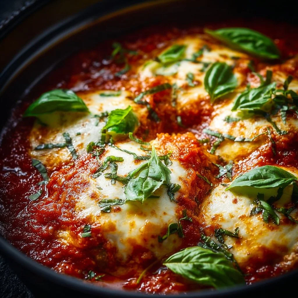 Delicious Crockpot Chicken Parmesan served with pasta and fresh basil