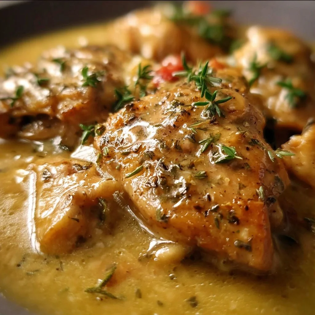 Crockpot Chicken with Creamy Gravy served on a plate with garnishes
