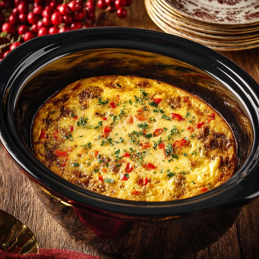 Crockpot Christmas Breakfast Casserole served in a festive dish.