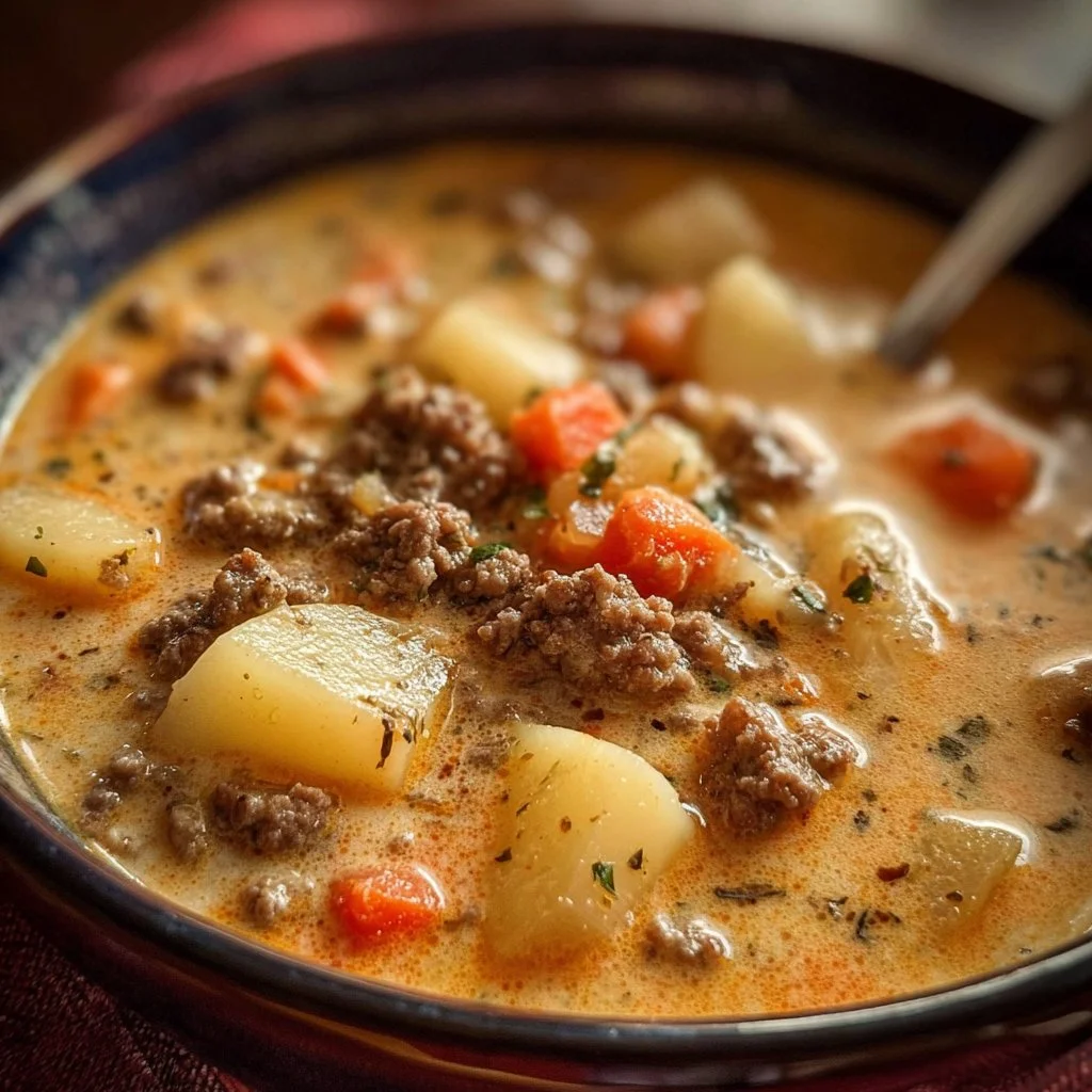 Crockpot Creamy Potato Hamburger Soup in a bowl topped with fresh herbs