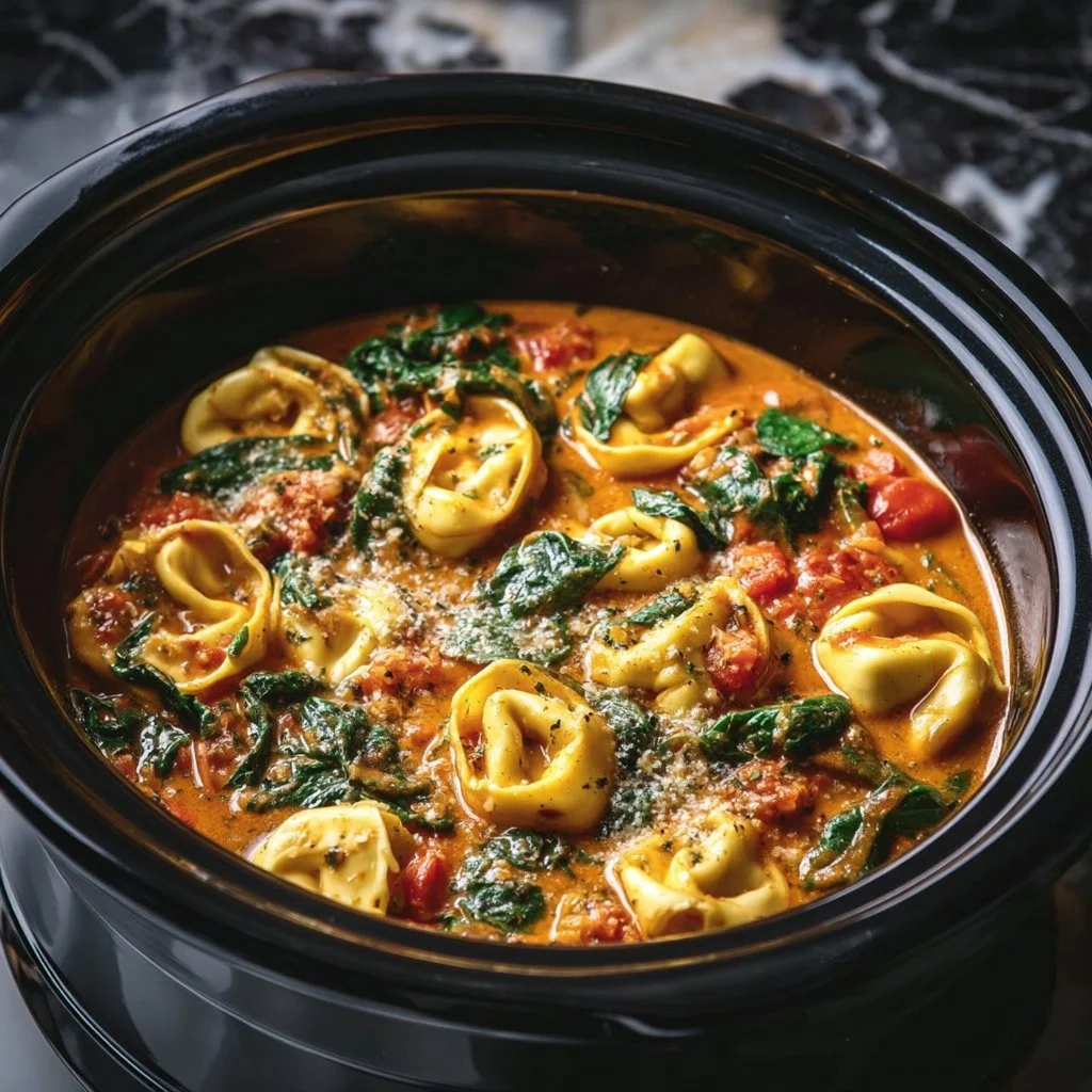 Delicious crockpot creamy tortellini served with fresh herbs and cheese.