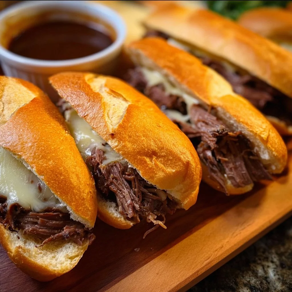 Crockpot French Dip Sandwiches served with au jus dip