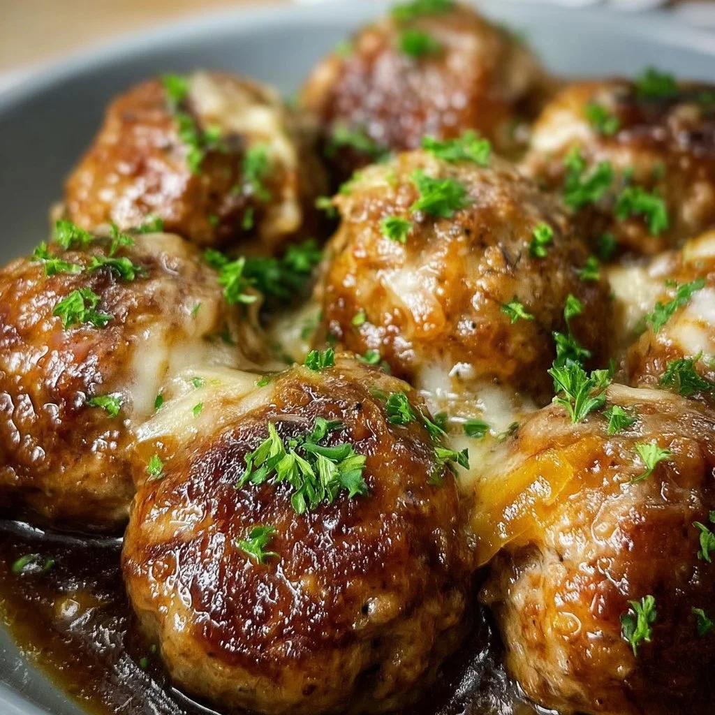 Crockpot French Onion Meatballs served with melted cheese and fresh herbs