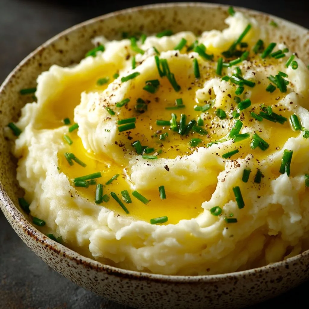 Crockpot garlic mashed potatoes topped with fresh herbs and butter.