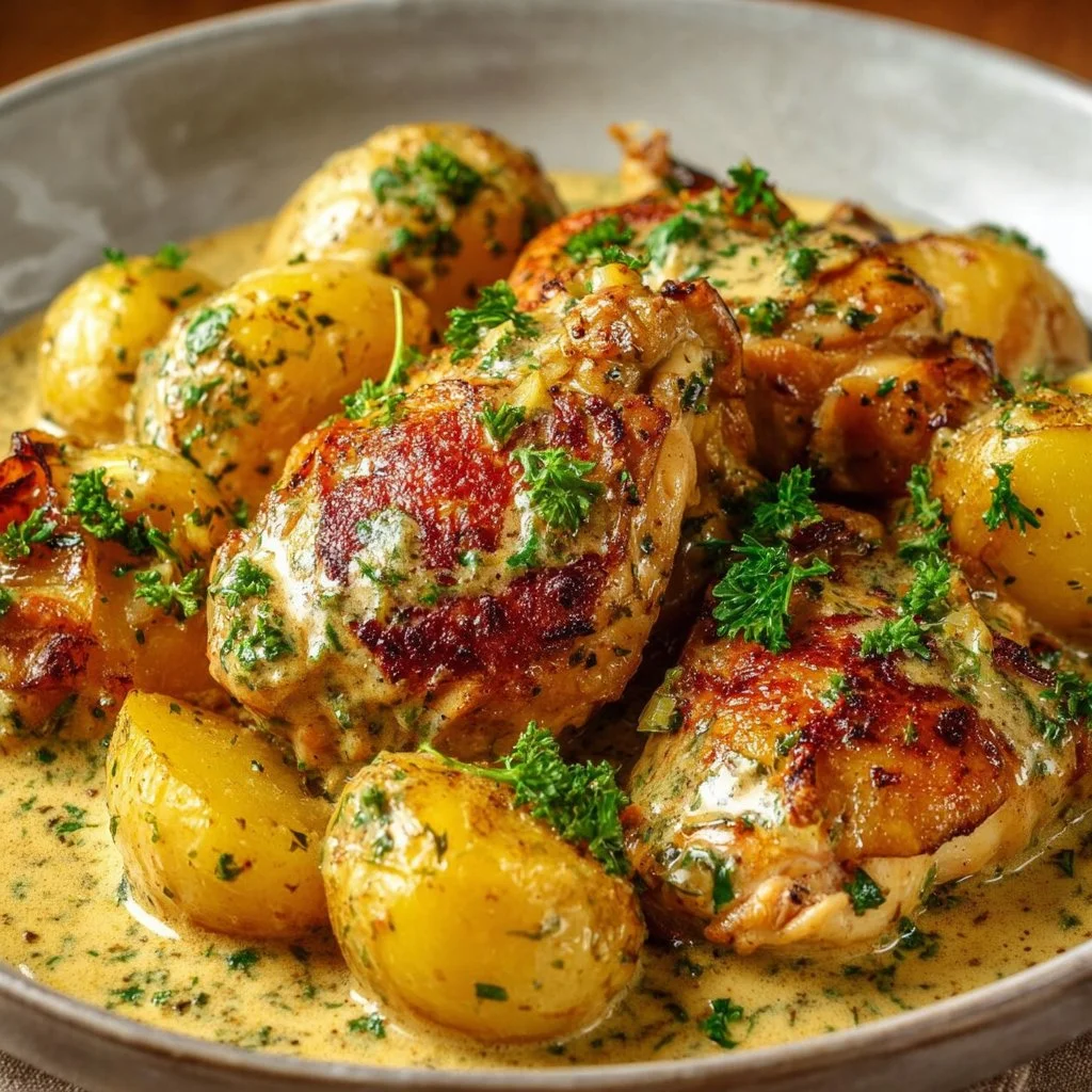 Crockpot Garlic Parmesan Chicken with Potatoes dish in a slow cooker.