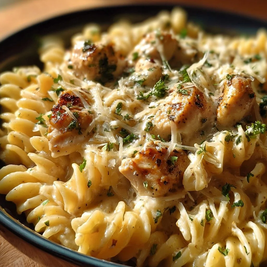 Delicious Crockpot Garlic Parmesan Chicken Pasta dish ready to serve.
