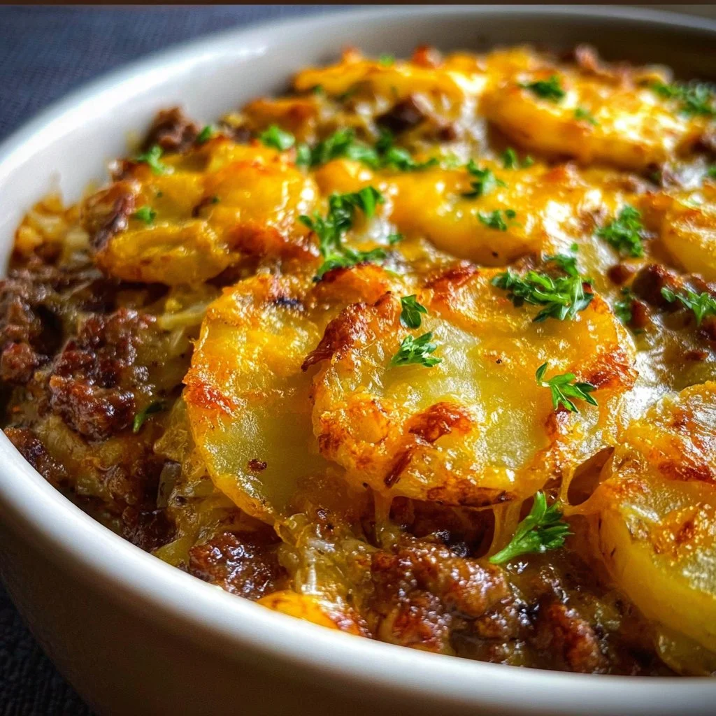 Crockpot hamburger potato casserole with cheese and herbs in a serving dish.