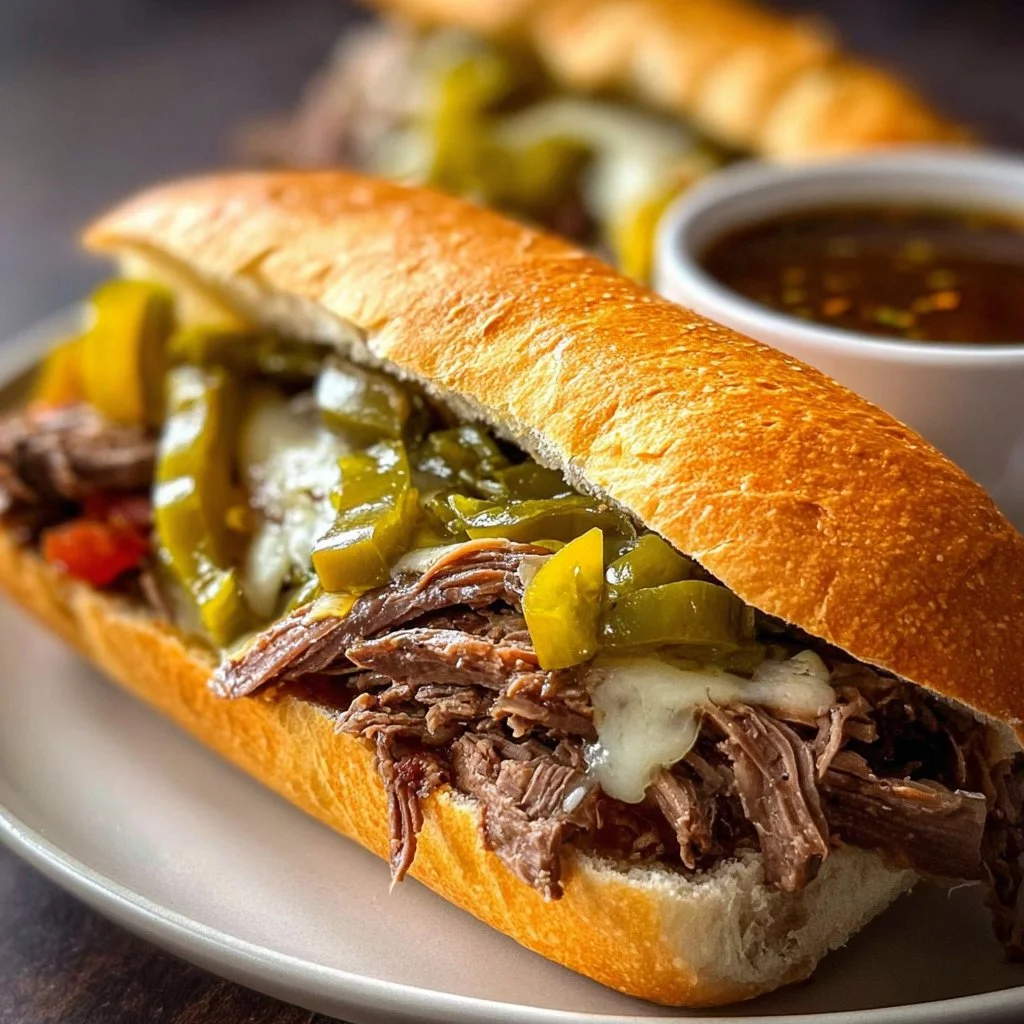Crockpot Italian beef sandwiches served with au jus on a rustic table
