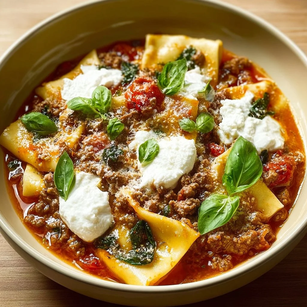 Bowl of Crockpot Lasagna Soup garnished with herbs and cheese