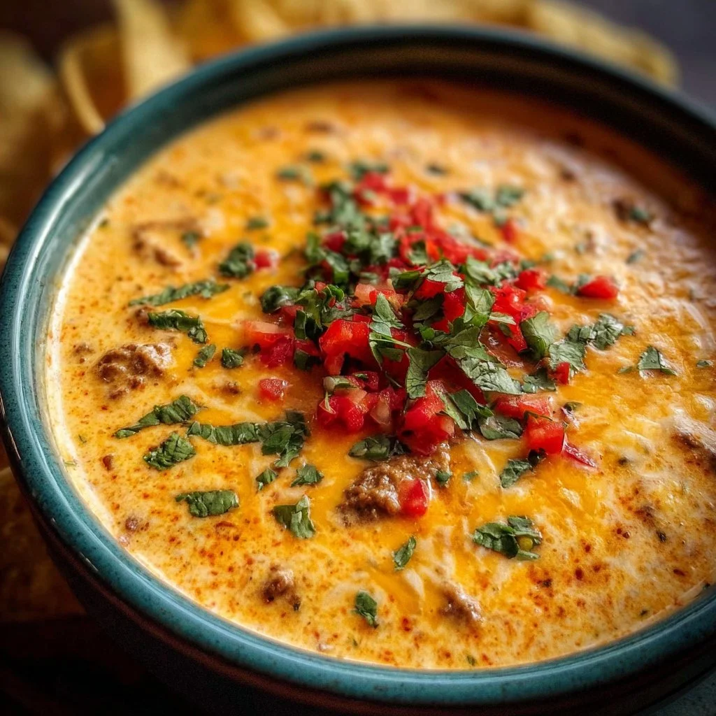 Crockpot queso dip served in a bowl with tortilla chips