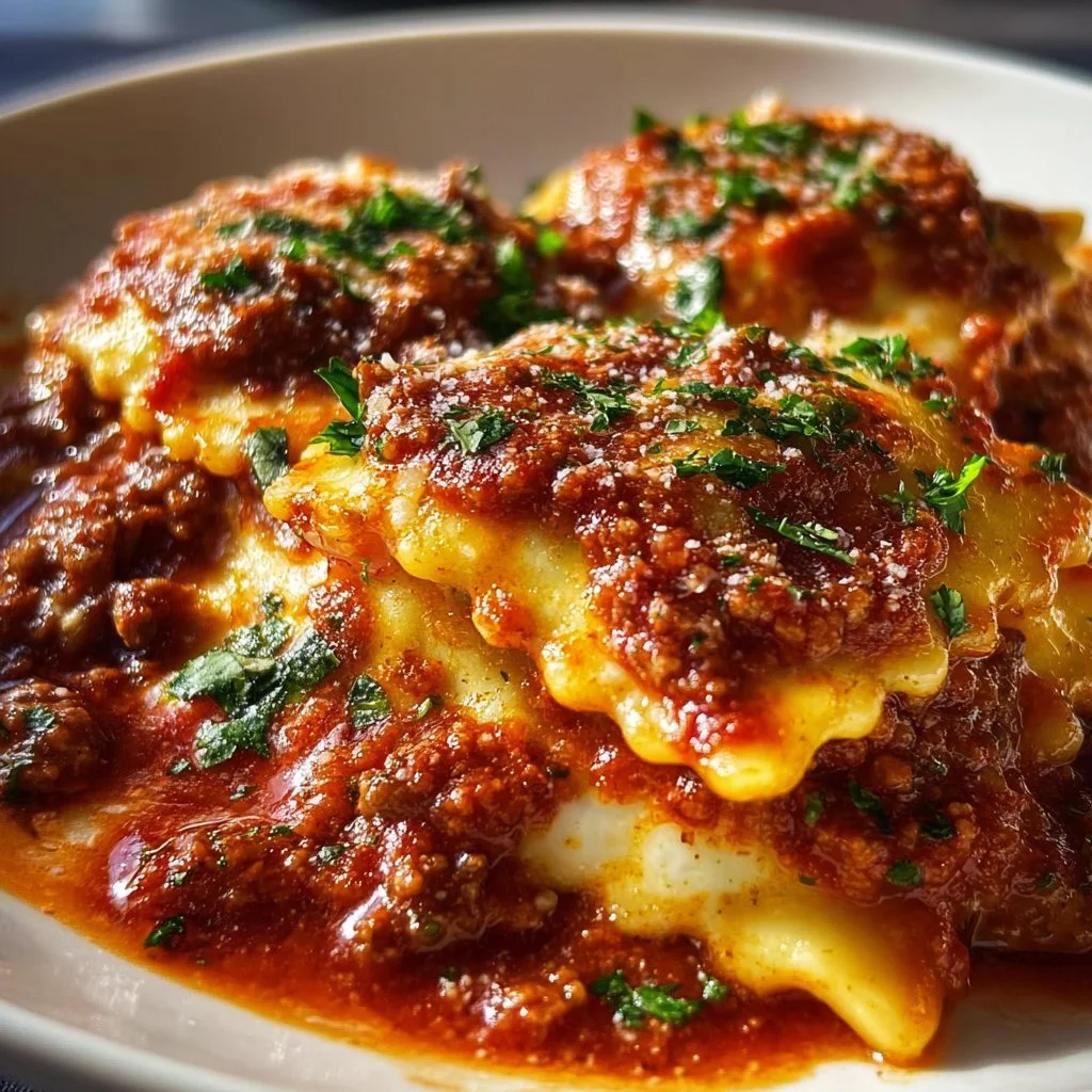 Crockpot Ravioli Lasagna in a ceramic dish, topped with cheese and sauce
