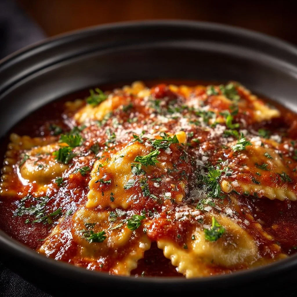 Slow cooker Ravioli Lasagna layered with cheese and sauce