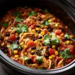 Crockpot Salsa Chicken served with rice and garnished with cilantro