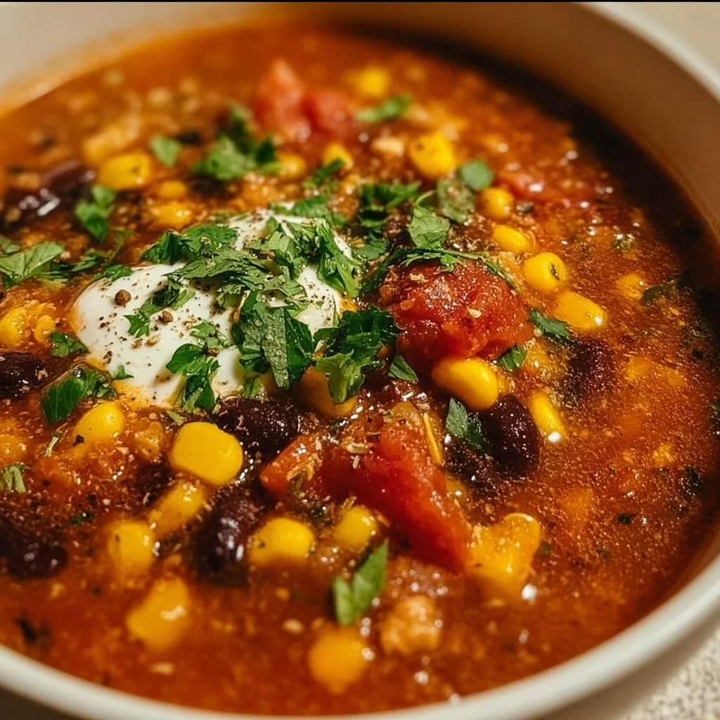 Bowl of tasty Crockpot Taco Soup topped with cheese and cilantro