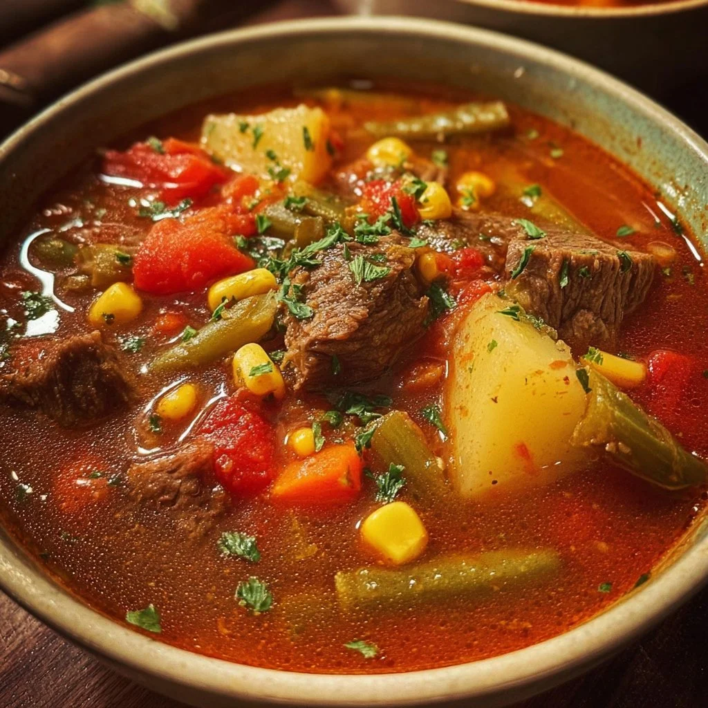 A delicious bowl of Crockpot vegetable beef soup filled with fresh vegetables and beef.