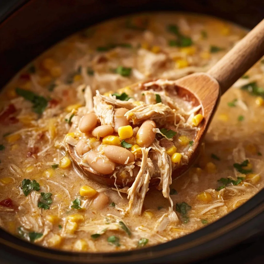 A bowl of creamy Crockpot White Chicken Chili topped with cilantro.