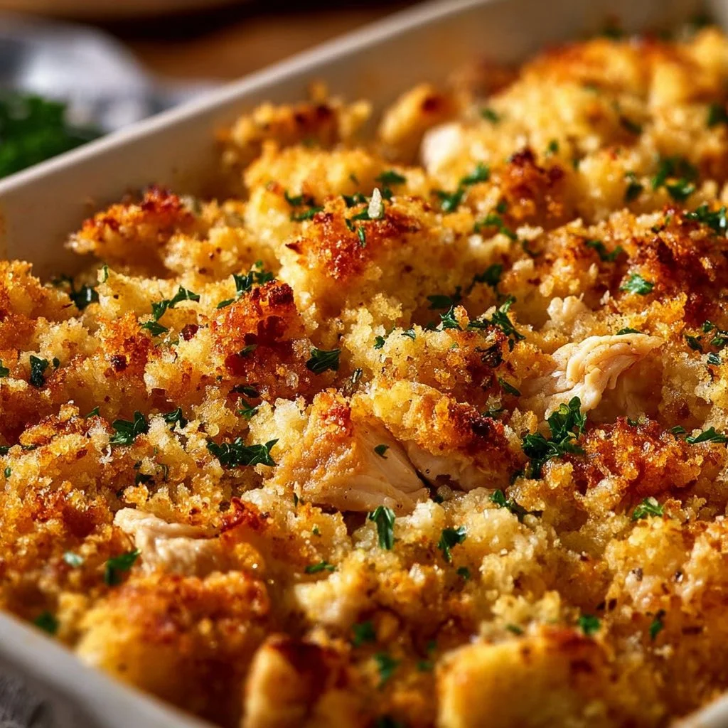 Dolly's Chicken and Stuffing Casserole prepared in a baking dish