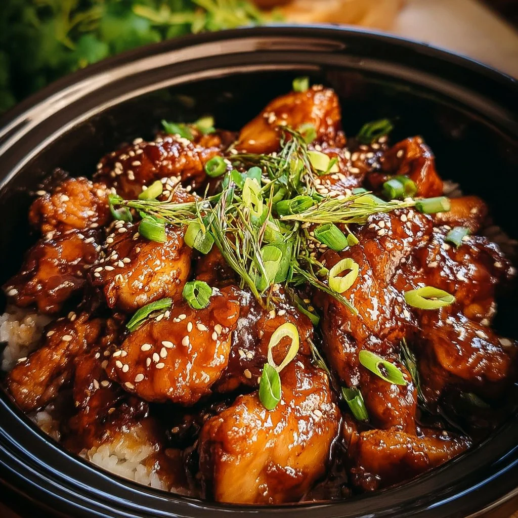Delicious crockpot teriyaki chicken served in a bowl with vegetables