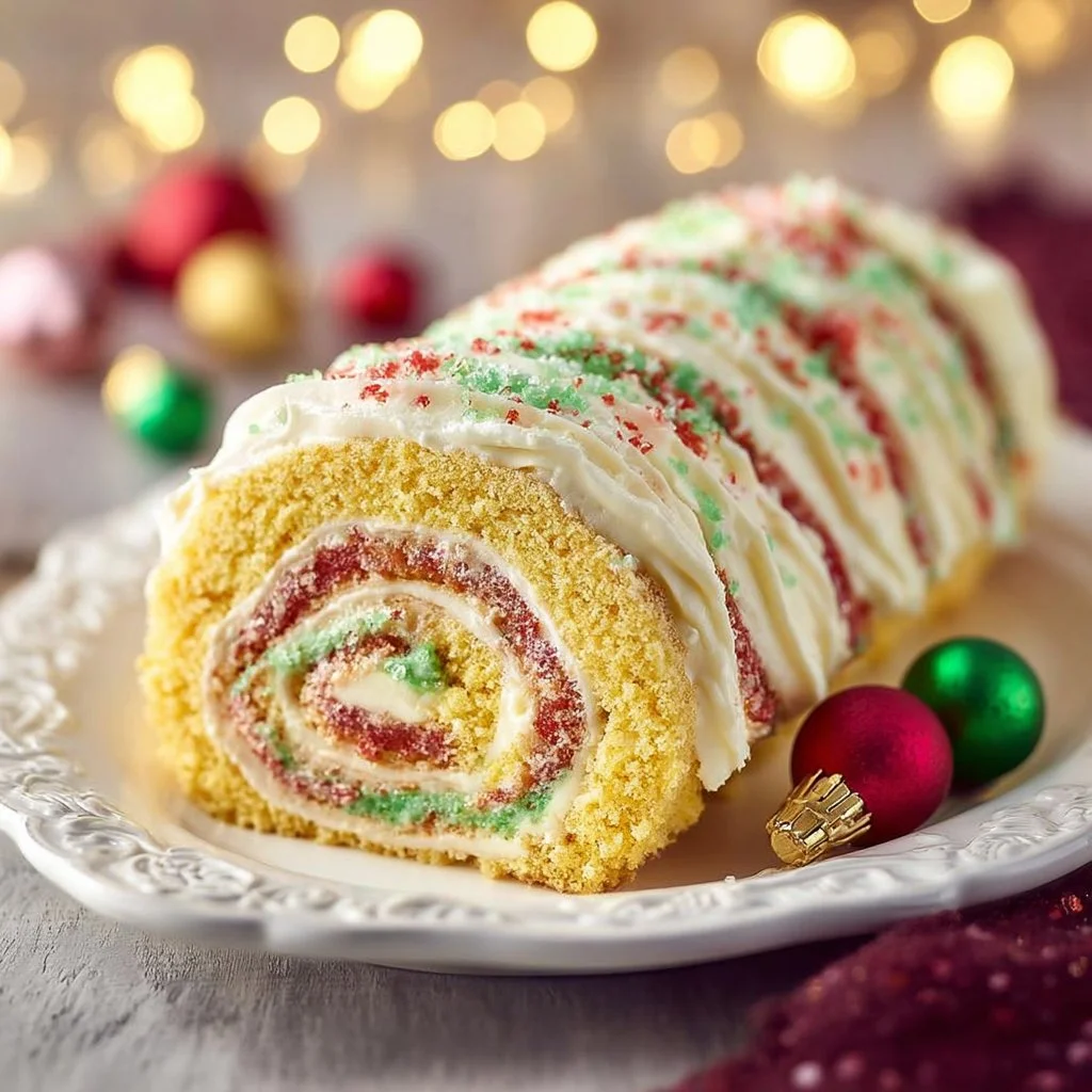 Delicious Easy Christmas Cake Roll decorated with festive toppings