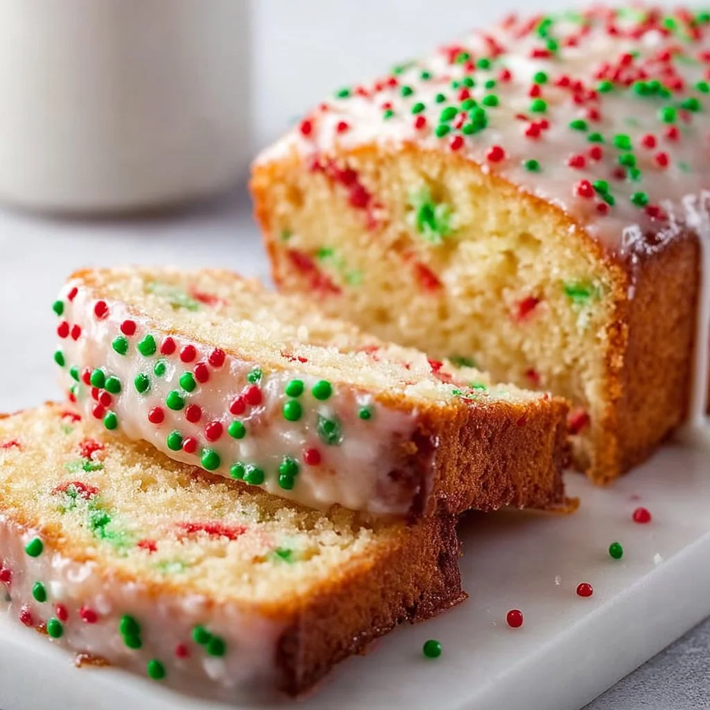 Slice of Easy Christmas Funfetti Bread with colorful sprinkles
