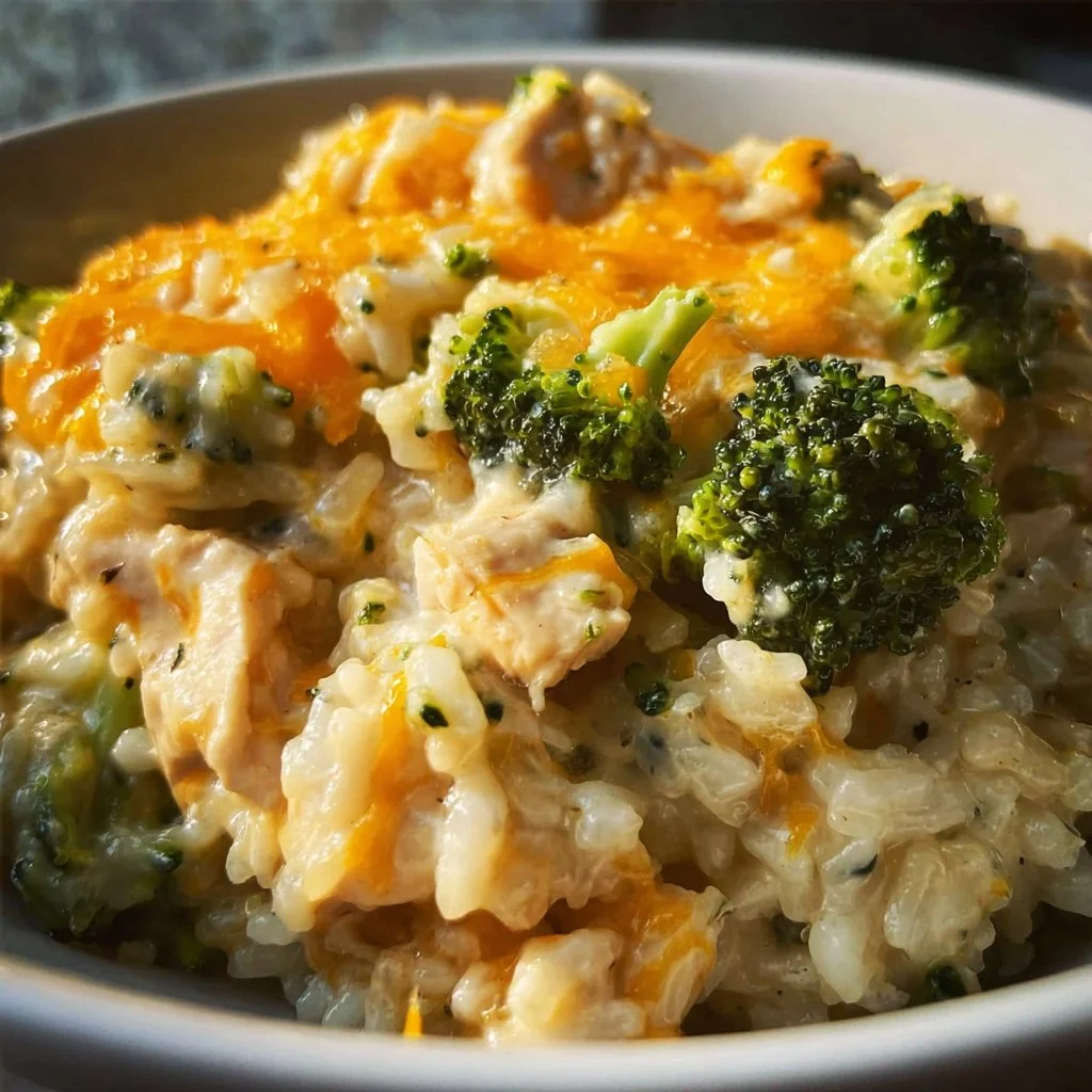 Crockpot cheesy chicken broccoli rice dish served in a bowl