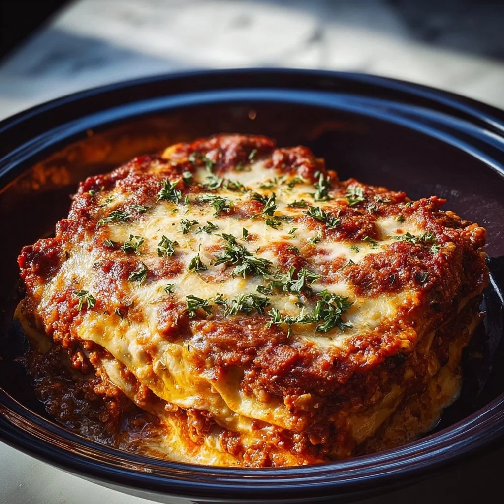 Delicious easy Crockpot Lasagna served in a slow cooker with layers of cheese and sauce.
