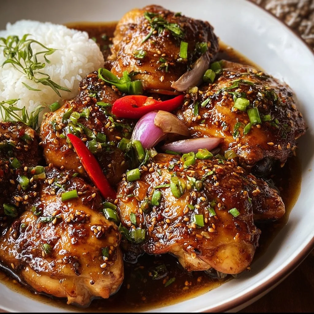 Delicious soy garlic chicken thighs garnished with green onions