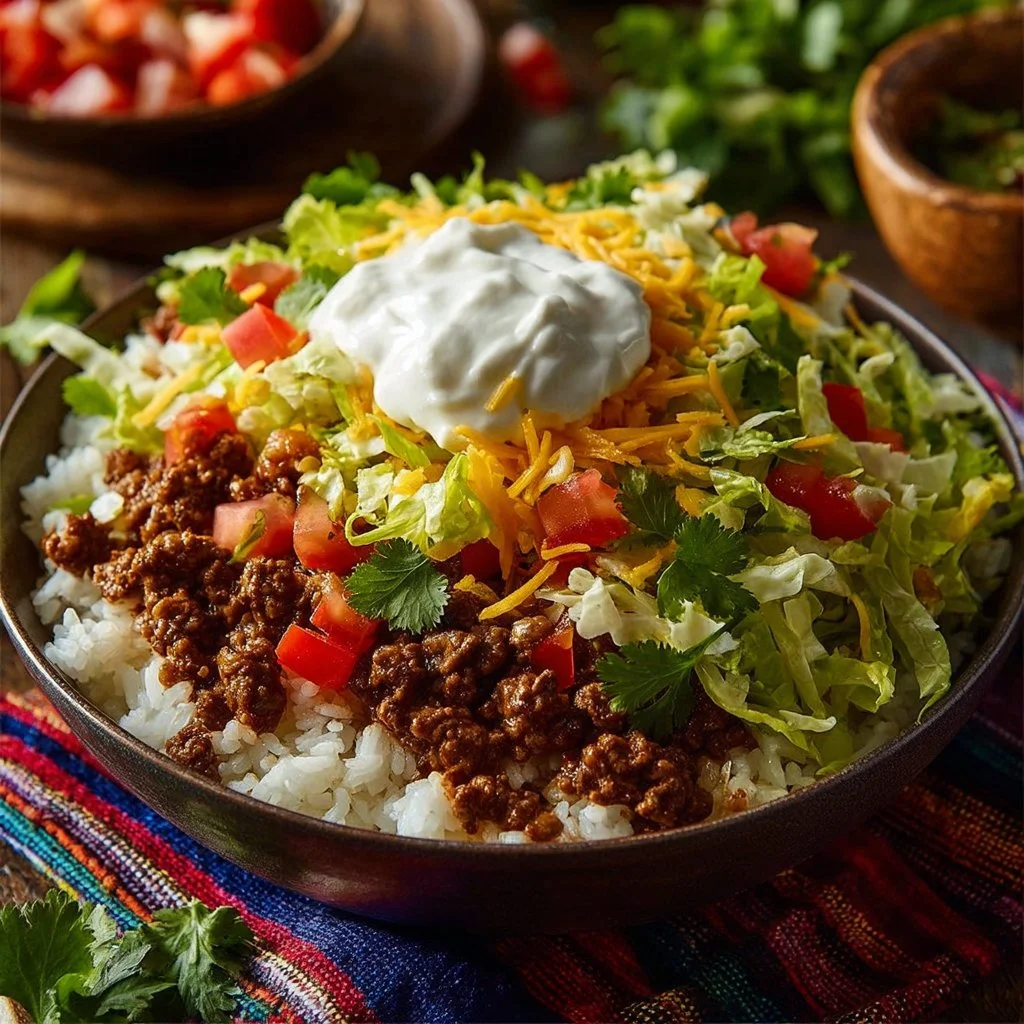 Delicious Easy Taco Rice Bowl with colorful ingredients in a serving bowl