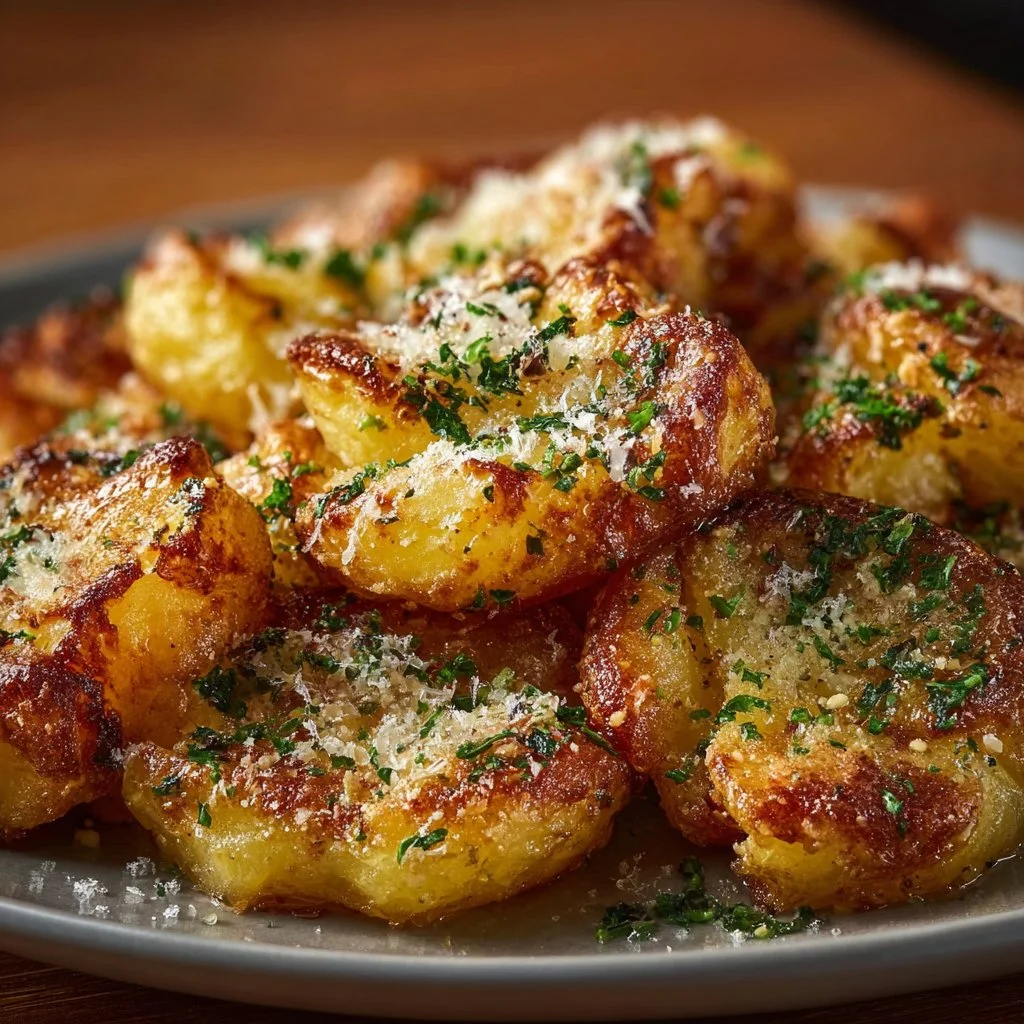 Delicious Garlic Parmesan Smashed Potatoes served as a side dish