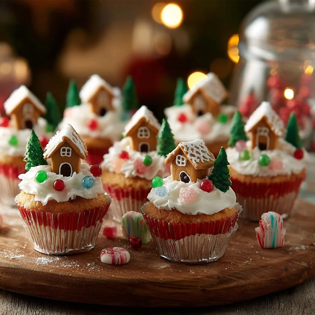 Gingerbread house cupcakes decorated with icing and candy for the holidays