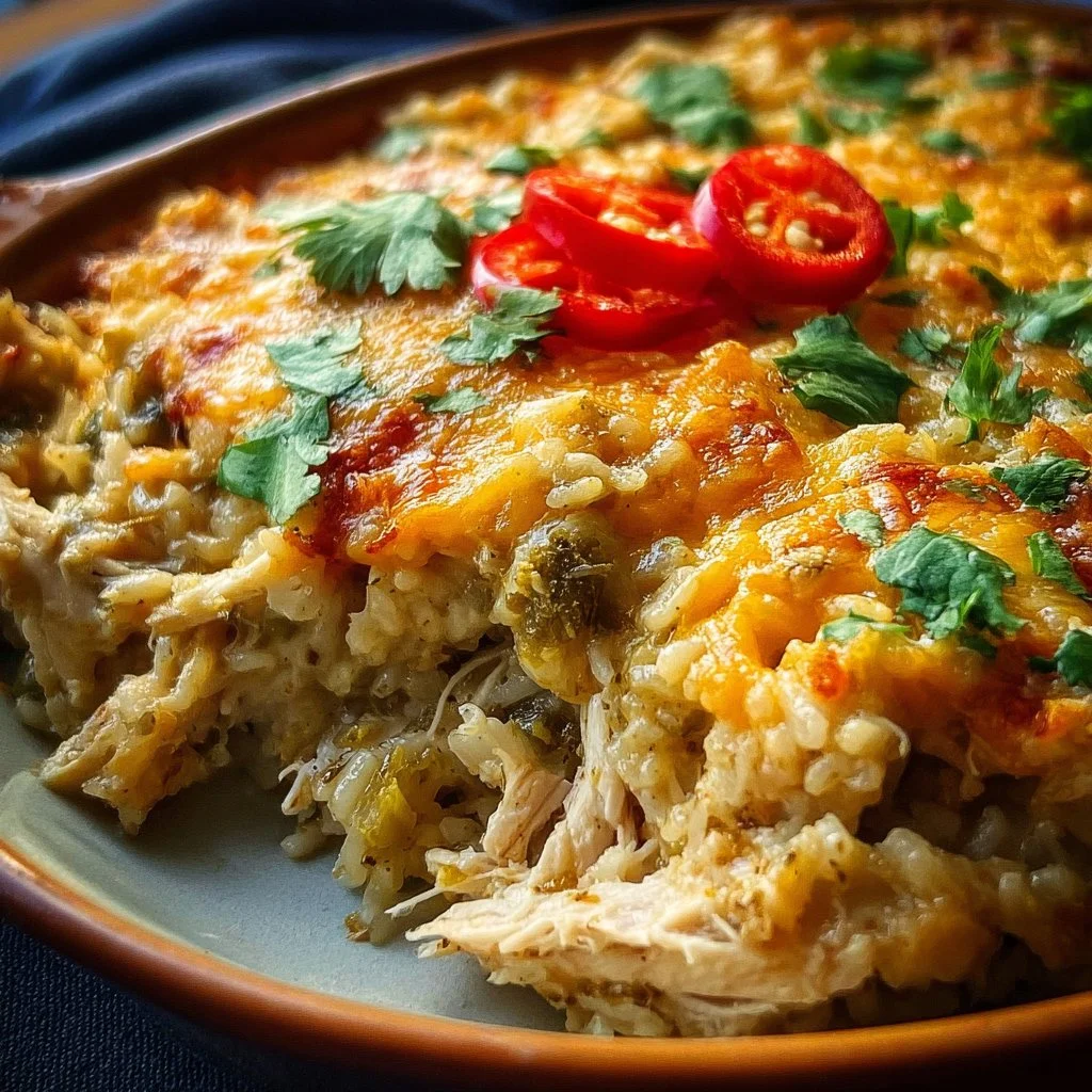Green Chile Chicken and Rice Casserole ready to serve in a baking dish