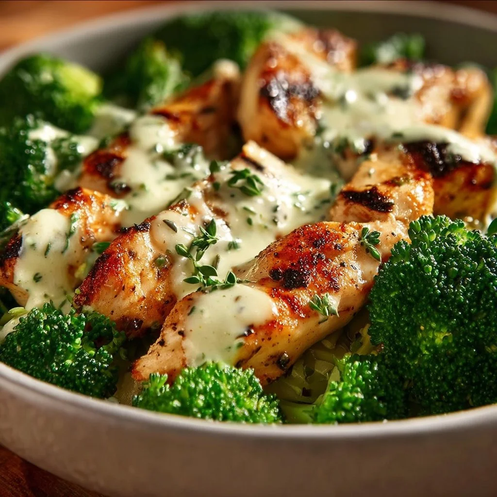 Healthy grilled chicken and broccoli bowls with creamy garlic sauce