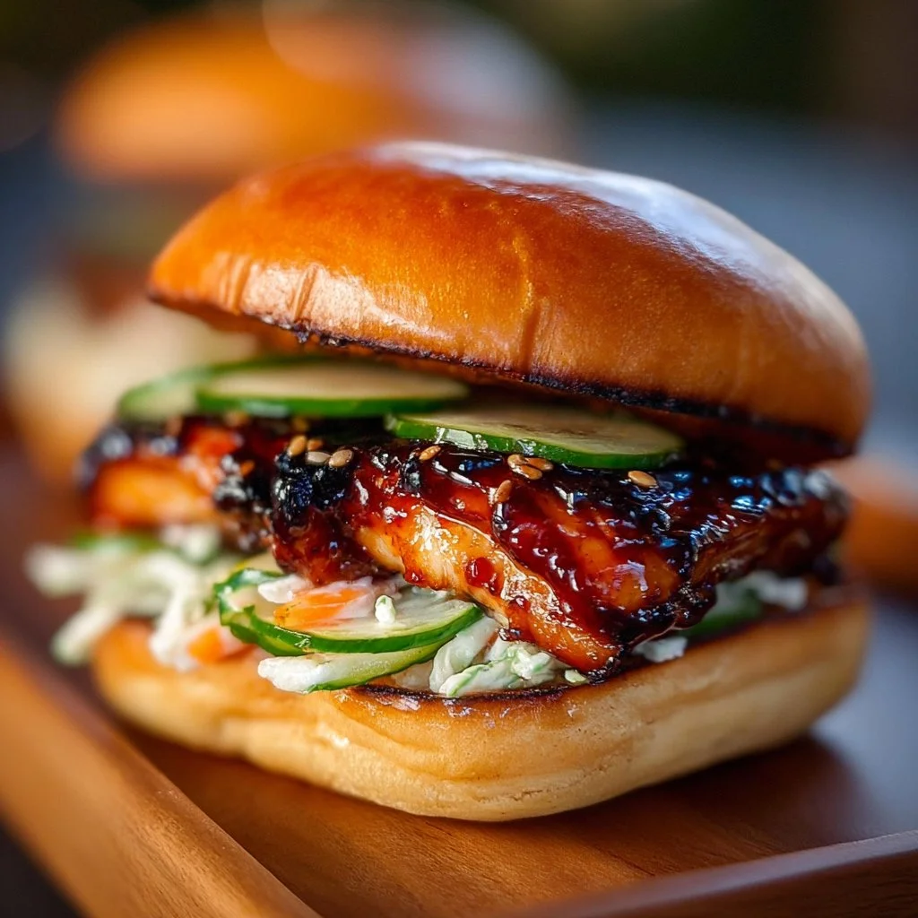 Grilled Korean BBQ Chicken Sandwich with vibrant toppings and sesame sauce