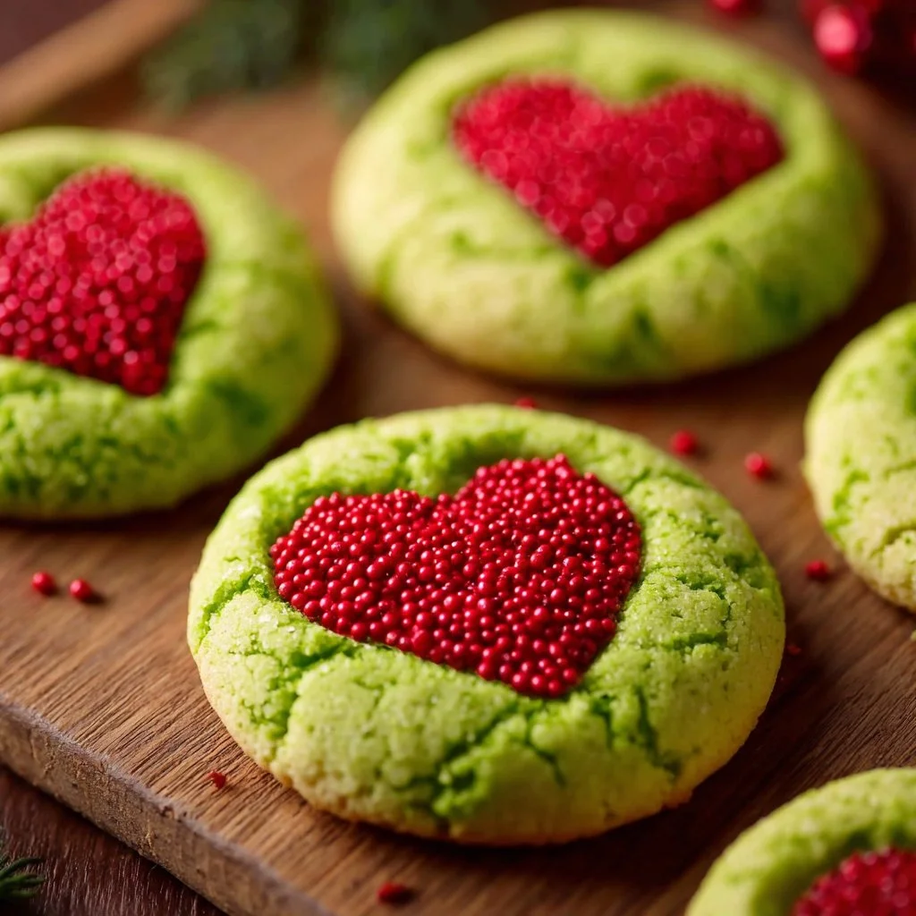 Festive Grinch Sugar Cookies decorated with green icing and red hearts