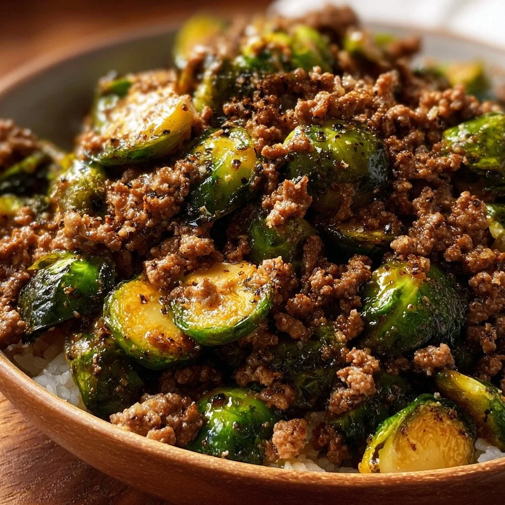 Plate of ground beef and Brussels sprouts meal garnished with herbs