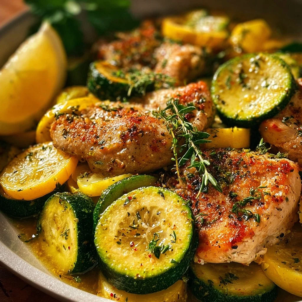 Healthy chicken breast dish with zucchini and squash on a plate