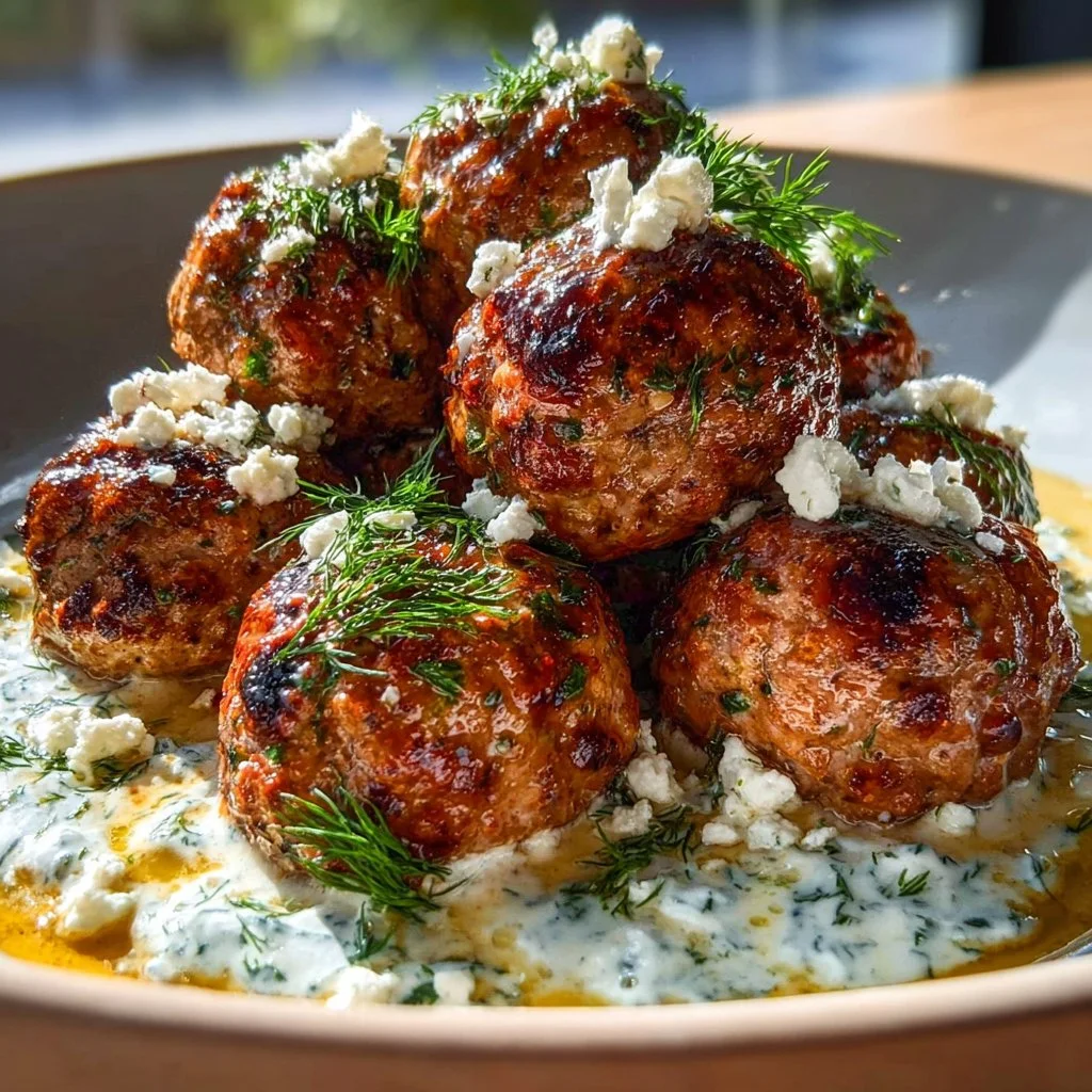 Healthy Greek turkey meatballs served with refreshing tzatziki sauce