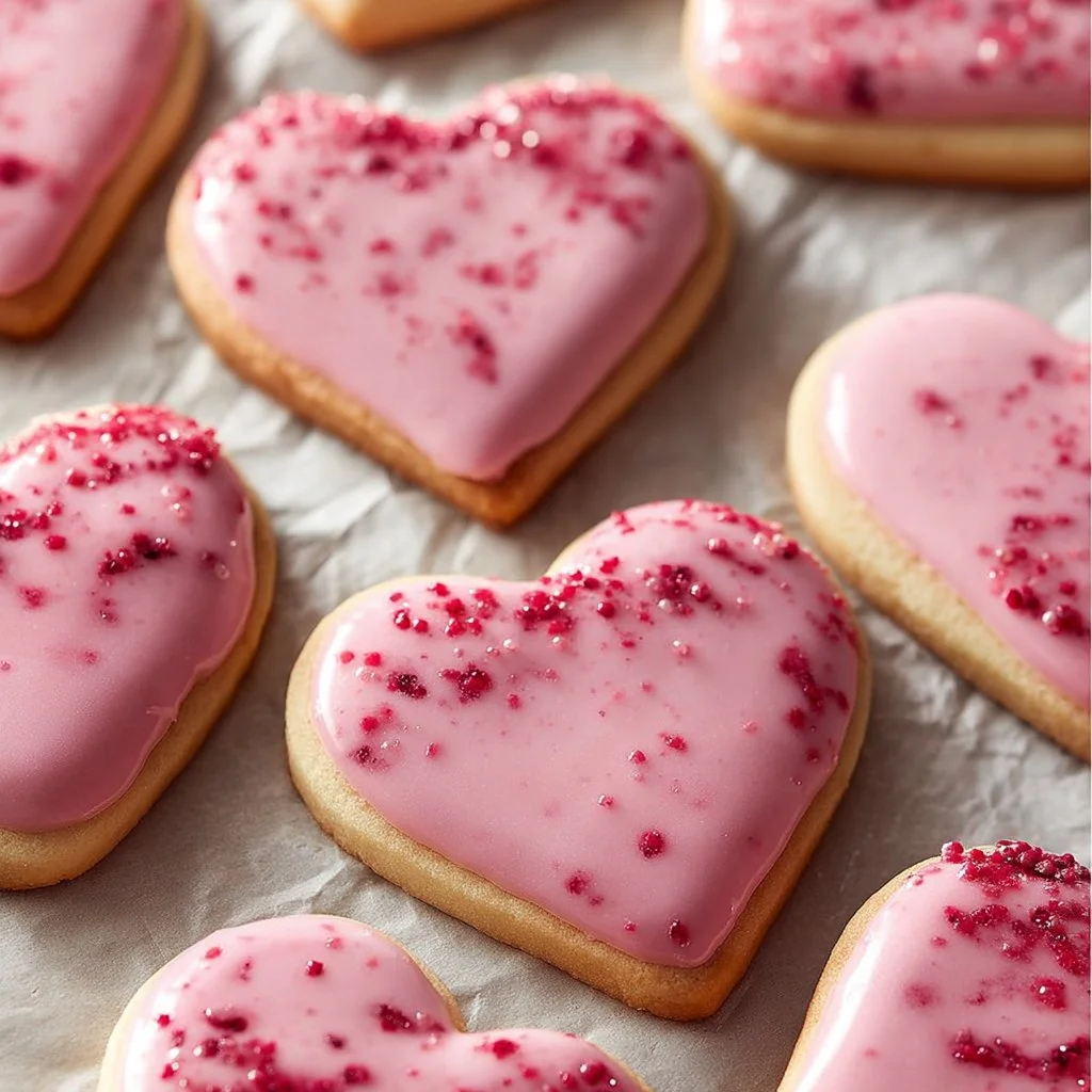 Heart-shaped strawberry shortbread cookies on a plate