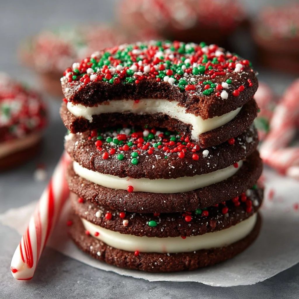 Delicious homemade Peppermint Oreos with mint filling and chocolate cookie.