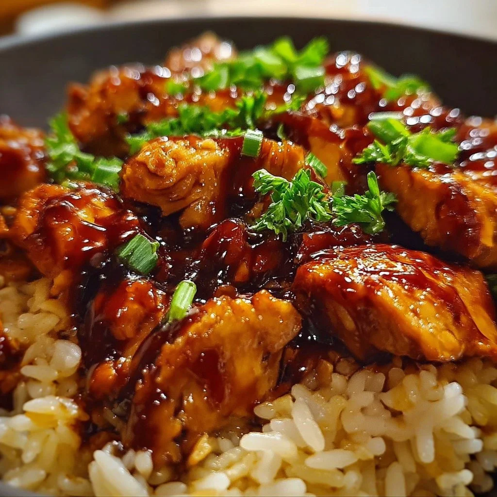 Honey BBQ Chicken Rice served in a bowl with garnish