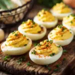 Plate of flavorful horseradish deviled eggs garnished with herbs.