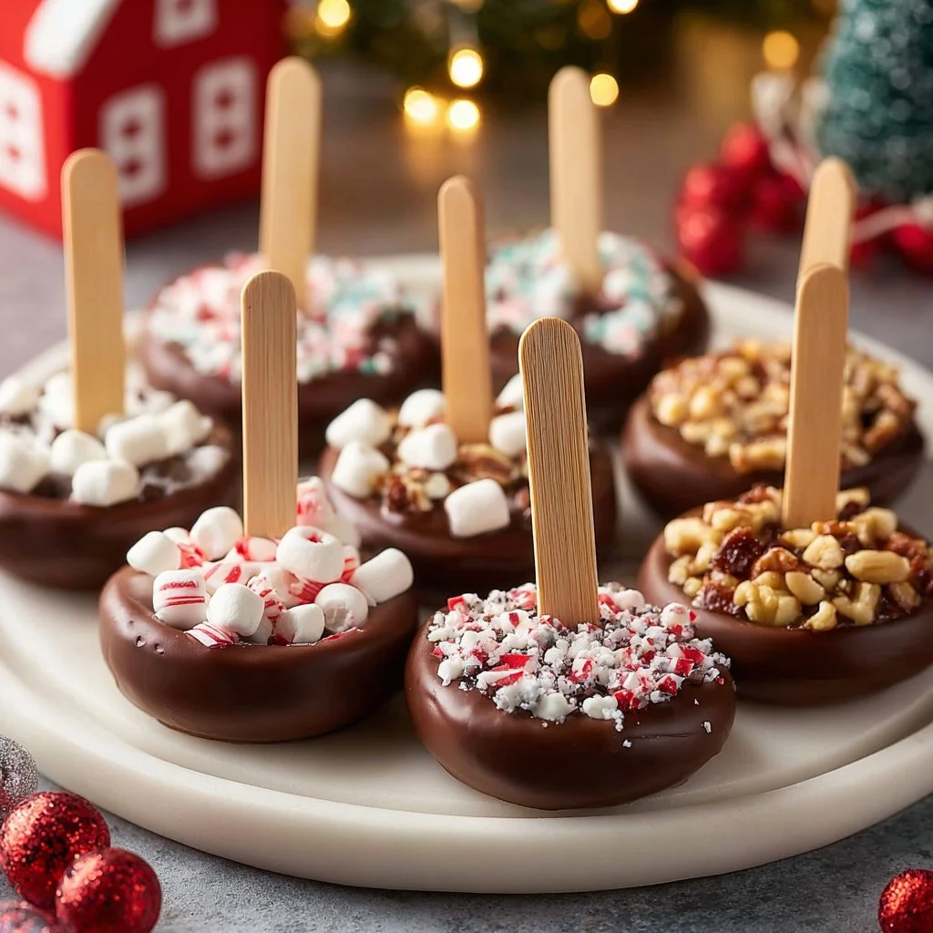 Delicious hot chocolate on a stick ready to melt in warm milk