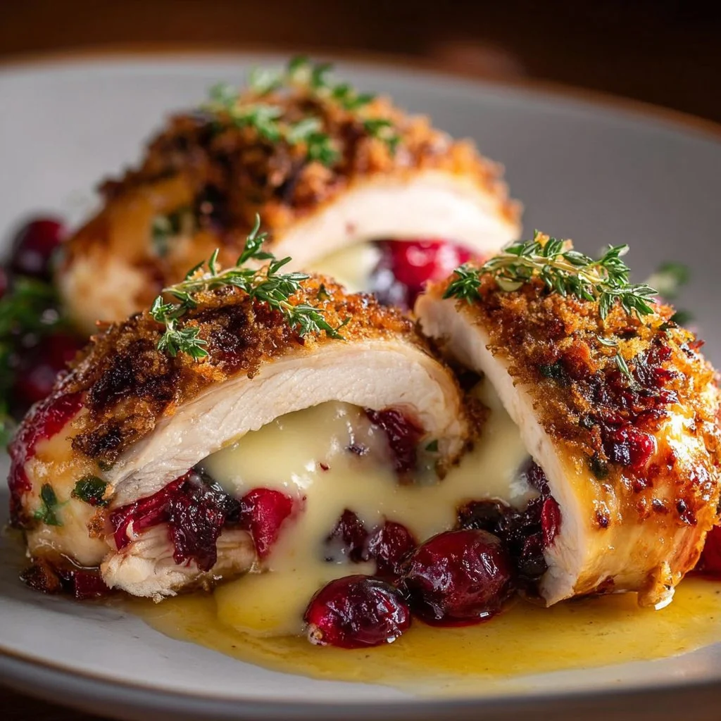 Delicious cranberry brie stuffed chicken served on a plate