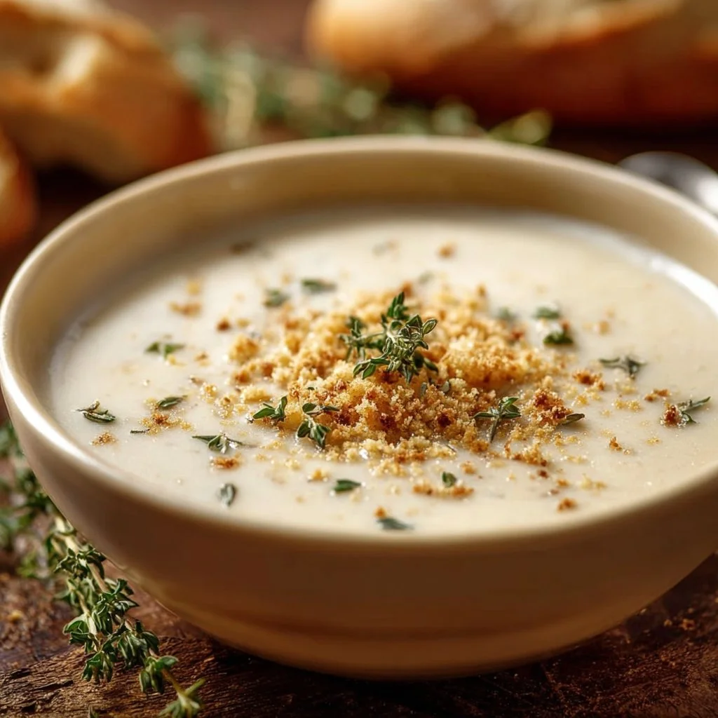 A delicious bowl of cheddar garlic herb potato soup with fresh herbs