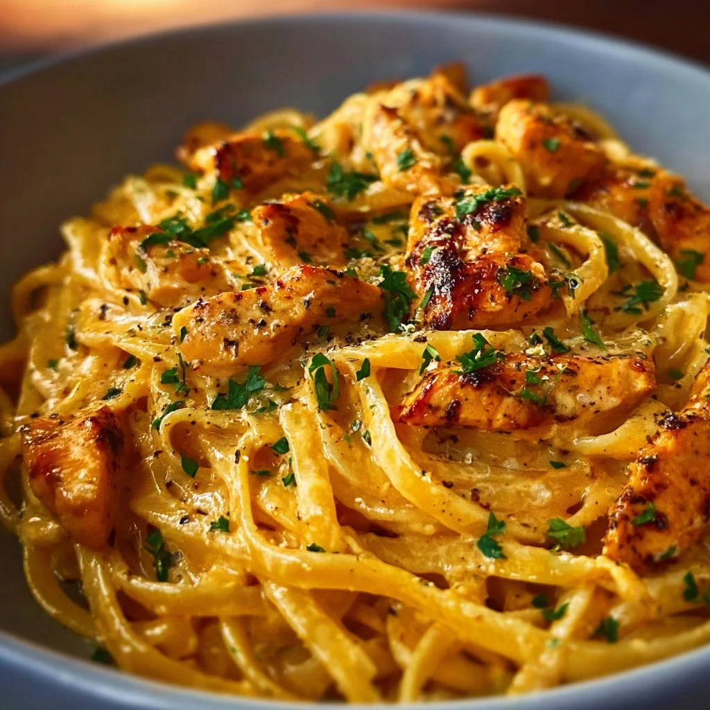 Plate of Cowboy Butter Chicken Linguine topped with fresh herbs and spices