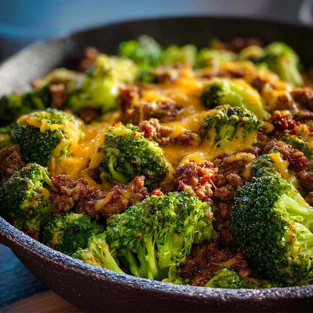 Keto Hamburger Broccoli Skillet with juicy patties and fresh broccoli