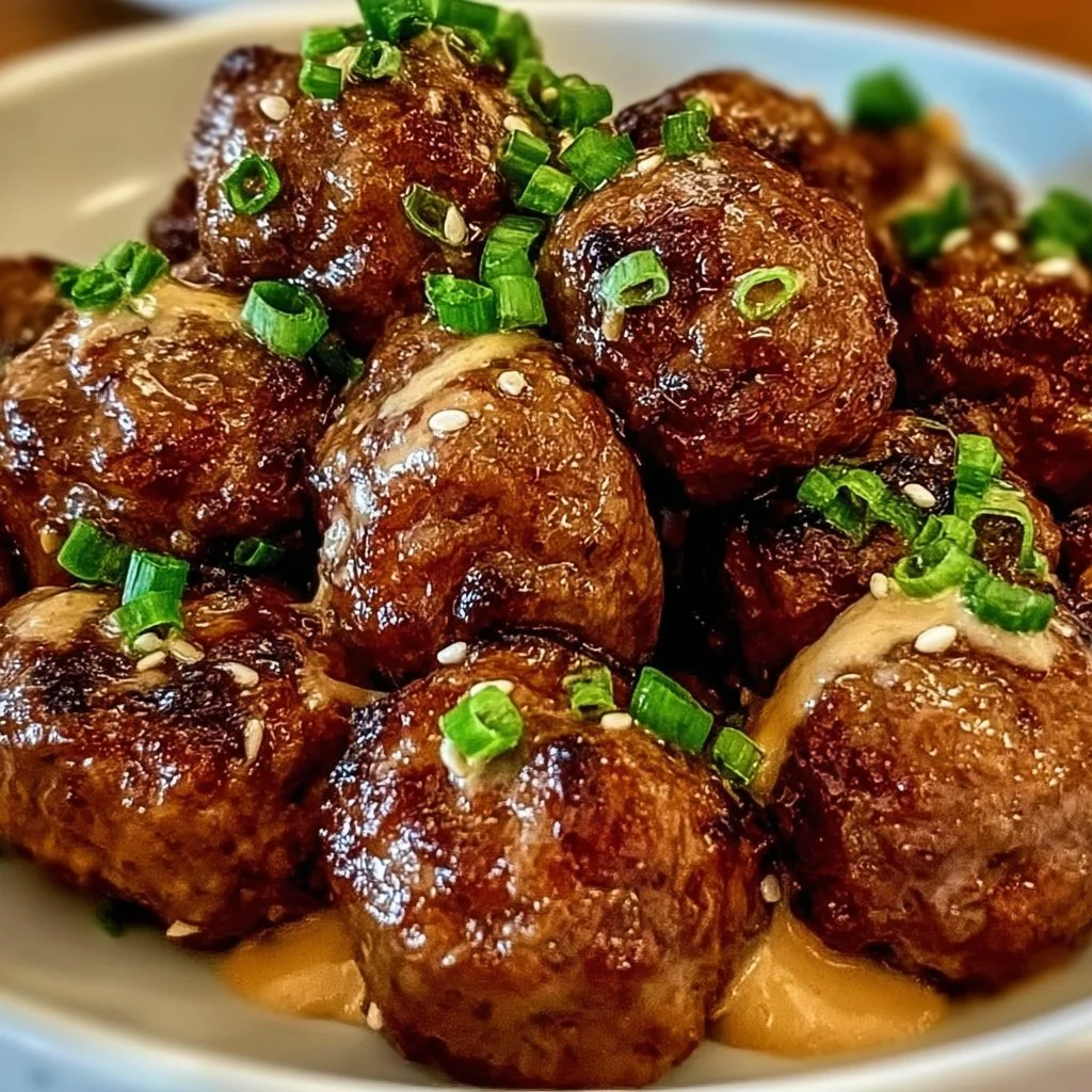 Plate of flavorful Korean BBQ Meatballs garnished with sesame seeds and green onions