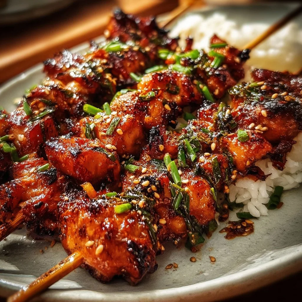 Delicious Korean Chicken Skewers ready to be grilled and served.