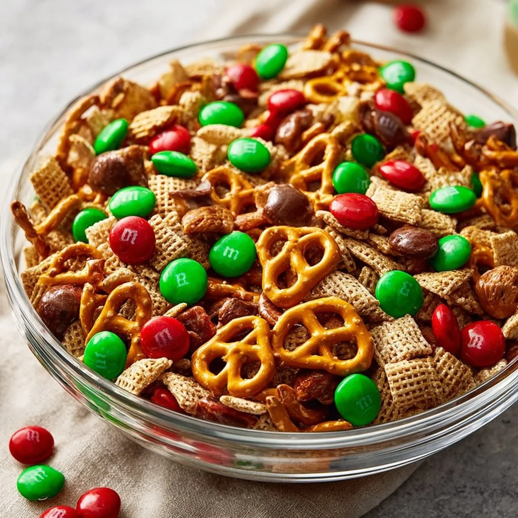 Loaded Christmas Puppy Chow in a festive bowl