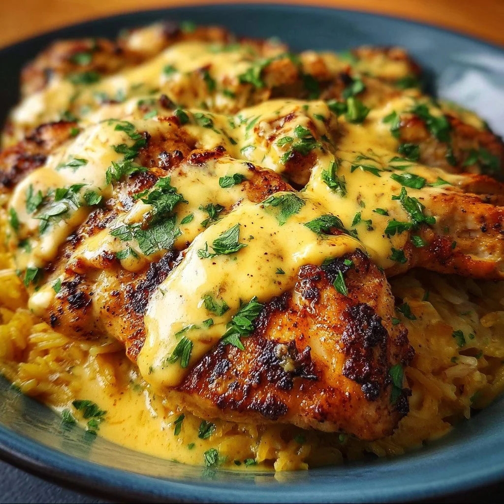 Mexican Chicken with Cheese Sauce garnished with fresh herbs
